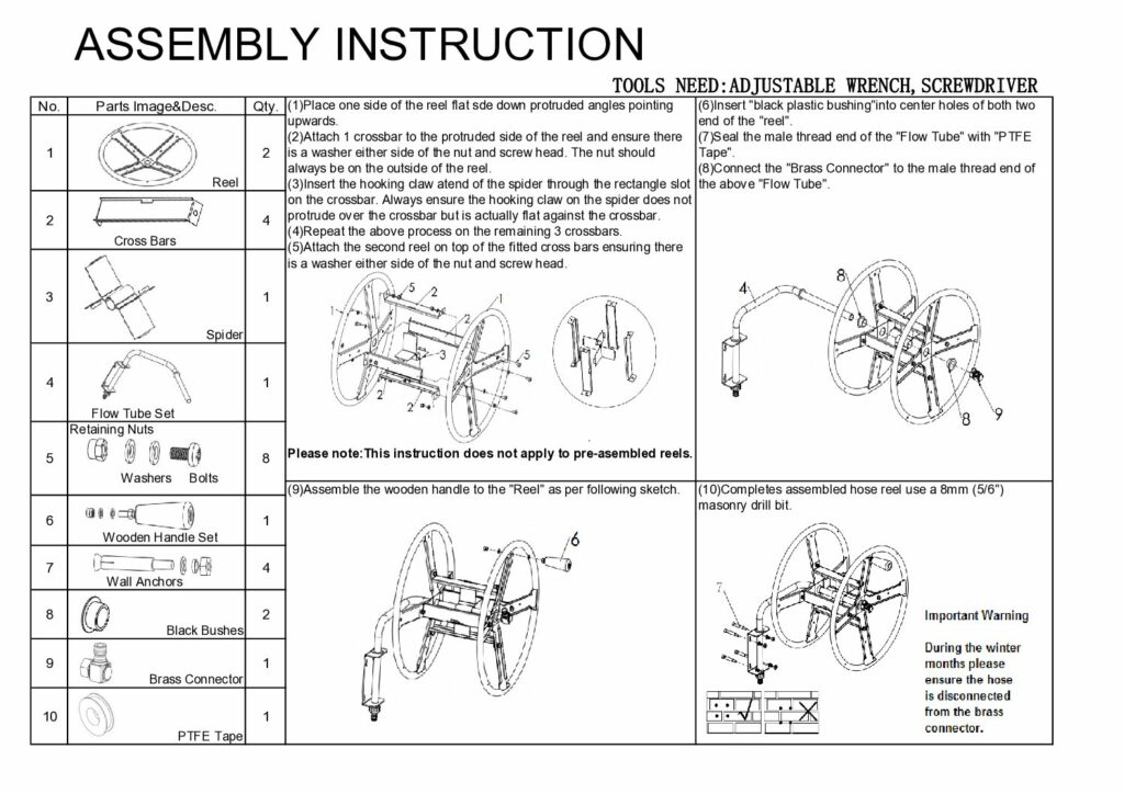 Wall Mounted Hose Reel assebly instruction leaflet